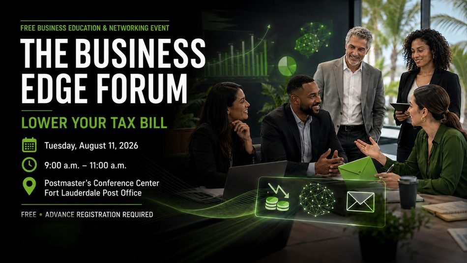 The Business Edge Forum — Lower Your Tax Bill. Free business education and networking event, Tuesday August 11, 2026, 9 to 11 a.m., Postmaster's Conference Center, Fort Lauderdale Post Office.